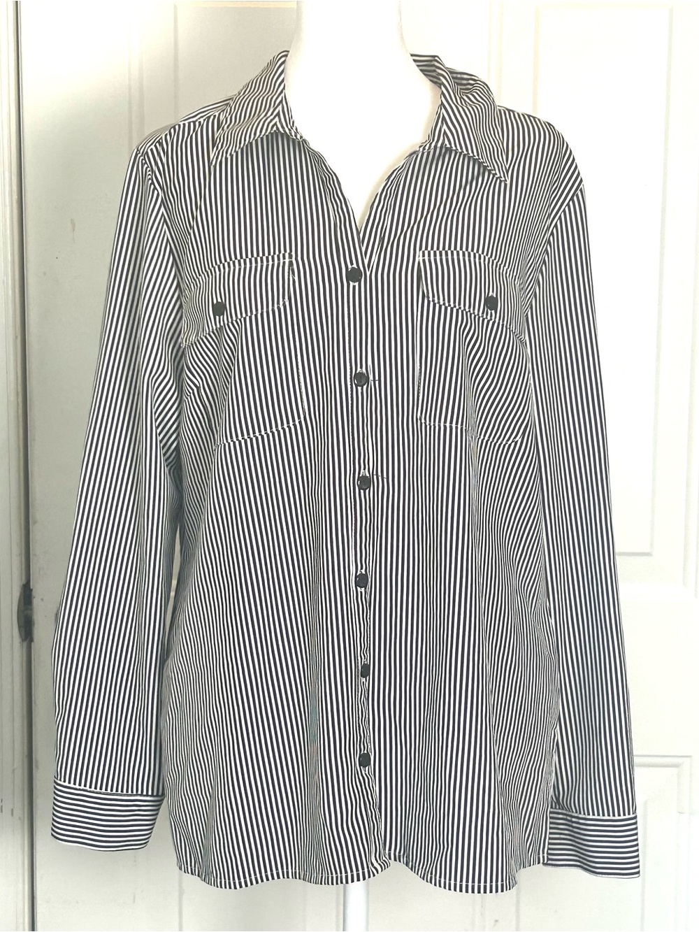 Notations Blouse Womens Large Black and White Striped Button-Down